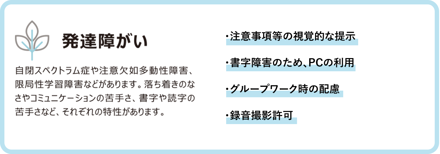 Details of disabilities and main examples of support